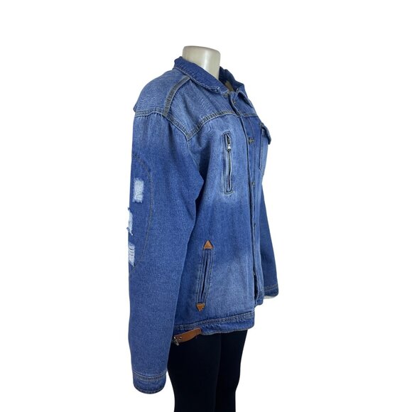Omoone Women’s Blue Denim Jacket Distressed Pockets Button Closure Sz L - Picture 2 of 11